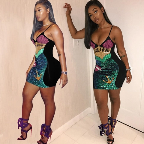 Sexy Vrouwen Zeemeermin Pailletten Spaghetti Strap Mini Jurk Schelp Anker Patroon Bodycon Nachtclub Party Jurk