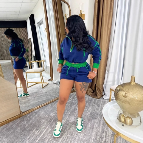 Women Half Zip Long Sleeve Top And Bottom Contrast Stripe Drawstring Shorts Casual Sporty Tracksuit Streetwear Fashion