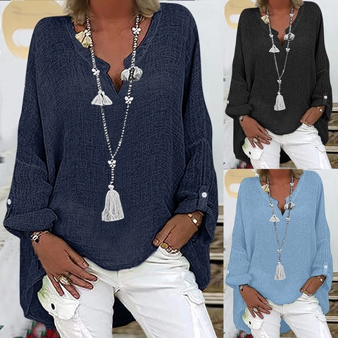 Dames Casual Katoen Linnen Blouse V-hals Lange Mouw Oprolbaar Overhemd Losjes Halflang Onregelmatige Zoom Knoop Tops Effen