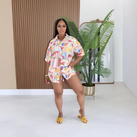 Damen Tropisch Ananas Sonnenschirm Druck Hemd Und Shorts Casual Strand Urlaub Sommer Stil Relaxed Outfit