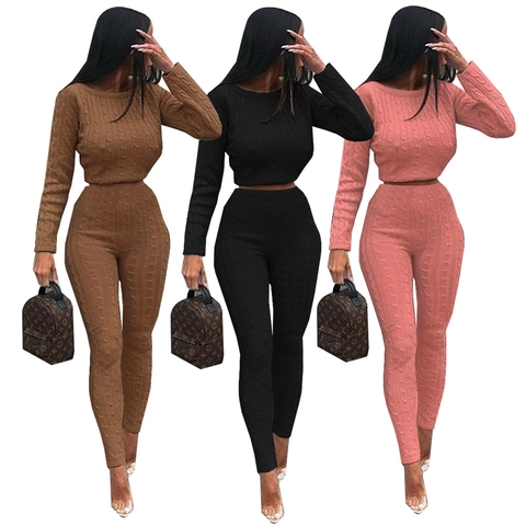 Mujeres Sexy Europeo Trenzado de Cable Dos Piezas Co-ords Elegante Alta Elasticidad Manga Larga Top Corto Y Pantalón Ajustado Suéter Conjunto