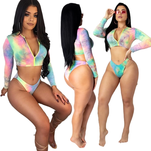 Women Long Sleeve Tie-Dye Swimwear Suit Front Zipper Crop Top High Cut Bikini Bottom Sexy Summer Beach Surf Bathing Suit