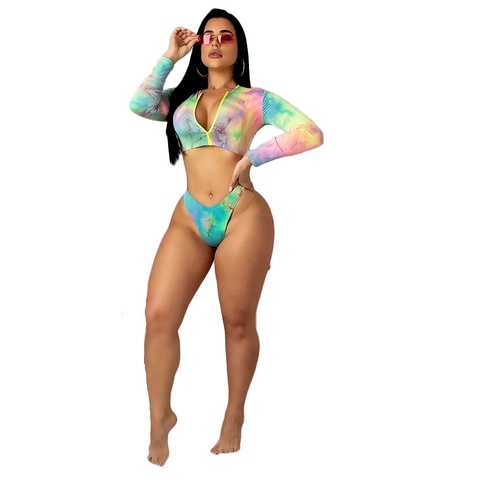Women Sexy Tie Dye Two Piece Swimsuit Set Long Sleeve Zipper Cropped Top High Cut Bikini Bottom Vibrant Beachwear Bathing Suit