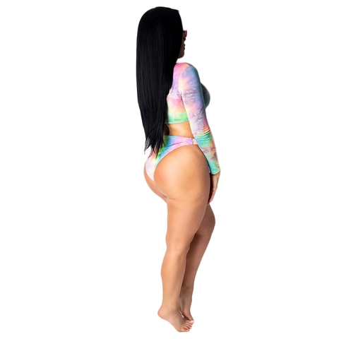 Women Long Sleeve Tie-Dye Swimwear Suit Front Zipper Crop Top High Cut Bikini Bottom Sexy Summer Beach Surf Bathing Suit