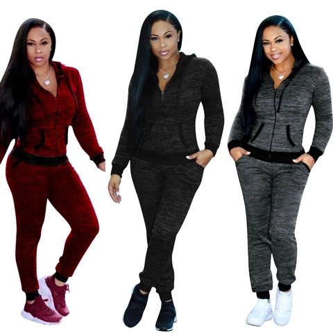 Damen Casual 2-Teiler Trainingsanzug Set Kapuze Reißverschluss Jacke Und Lange Hose Meliert Sportlich Jogger Outfit