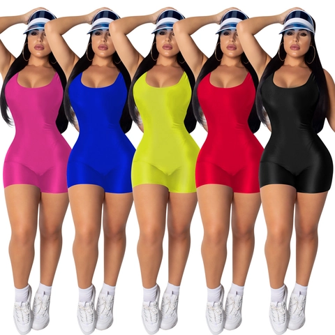 Mameluco Ajustado Sexy sin Mangas con Espalda Descubierta para Mujer Mono Corto Ajustado de Color Sólido