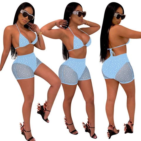 Women Sexy Two Piece Bikini Shorts Set Rhinestone Polka Dot Halter Top Mesh Patchwork High Waist Shorts Beach Party Clubwear