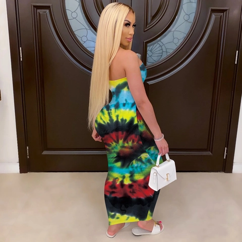 Women Strapless Tie Dye Bodycon Maxi Dress Sexy Slim Fit Sleeveless Tube Top Club Party Long Dress Multi Color Polyester