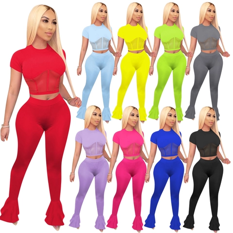 Damen Mesh Patchwork Kurzarm Crop Top Und Hohe Taille Schlaghose Casual Streetwear Rippstrick Bodycon Lounge Wear Set