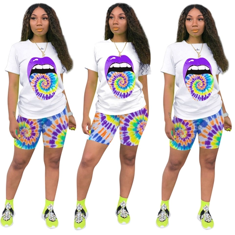 Women Casual Tie-Dye Two-Piece Set Lip Print Round Neck Short Sleeve T-Shirt And Tight Biker Shorts Summer Streetwear Outfit