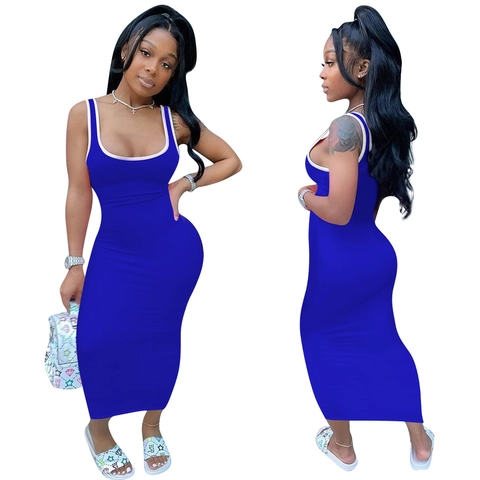 Women Sexy Bodycon Maxi Dress Sleeveless Tank Top Contrast Binding Long Pencil Dress Summer Party Clubwear