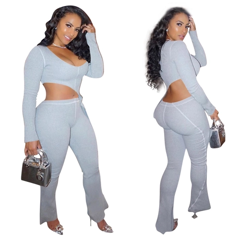 Ensemble Pantalon Deux Pièces Femme Tricot Côtelé Crop Top Manches Longues Irrégulier Dos Nu Pantalon Évasé Taille Haute