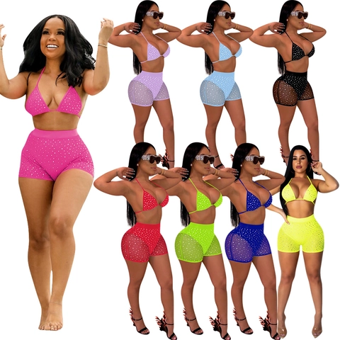 Women Sexy Two Piece Bikini Shorts Set Rhinestone Polka Dot Halter Top Mesh Patchwork High Waist Shorts Beach Party Clubwear