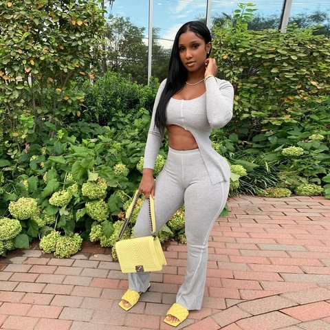 Ensemble Pantalon Deux Pièces Femme Tricot Côtelé Crop Top Manches Longues Irrégulier Dos Nu Pantalon Évasé Taille Haute