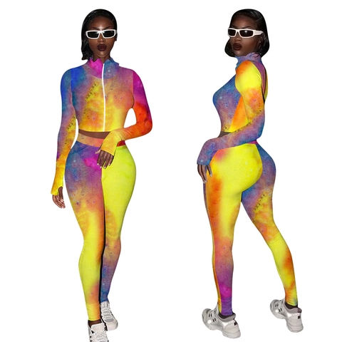Ensemble Deux Pièces Femme Sexy Imprimé Tie Dye Galaxie Crop Top Manches Longues Zippé Et Pantalon Slim Taille Haute