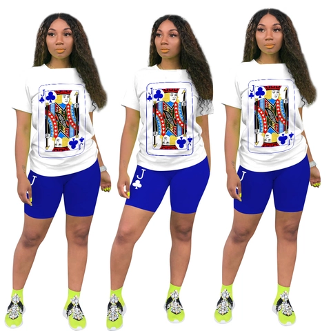 Conjunto Casual para Mujer con Estampado de Cartas de Póquer Camiseta de Poliéster con Cuello Redondo y Pantalones Cortos