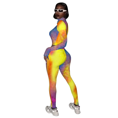 Ensemble Deux Pièces Femme Sexy Imprimé Tie Dye Galaxie Crop Top Manches Longues Zippé Et Pantalon Slim Taille Haute