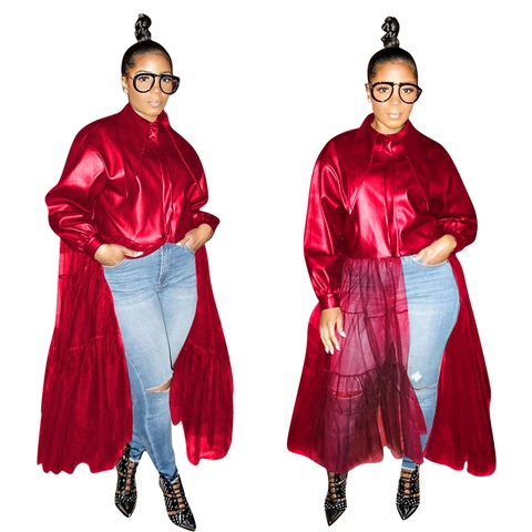 Women PU Leather Mesh Splicing Long Jacket Lapel Collar Long Sleeve Sheer Tulle Hem Sexy Club Party Outwear Slim Fit Coat