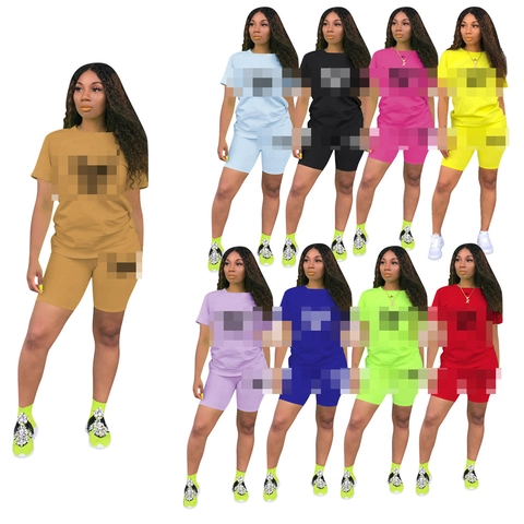 Women's Two-Piece Sporty Set Short Sleeve Round Neck T-Shirt And High Waist Biker Shorts Casual Summer Tracksuit Outfit