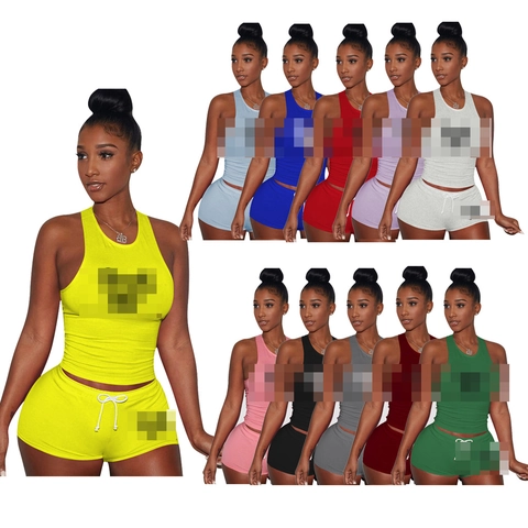Conjunto Casual de Punto de Canalé para Mujer Top Corto Sin Mangas Y Pantalones Cortos Con Cordón Ropa Deportiva