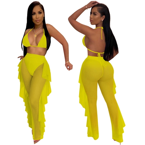 Damen Neckholder Bikini Top Und Slip Mit Durchsichtigem Netz Lange Hose Seitliche Rüschen Sexy Strandmode Urlaub Party Outfit Stilvolle Kleidung