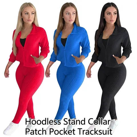 Damen Wabenstruktur Trainingsanzug Set Langarm Reißverschluss Stehkragen Jacke Hohe Taille Leggings Fitness Yoga Outfit
