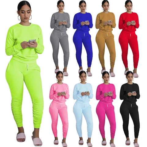 Tuta Casual da Donna Top E Pantaloni a Maniche Lunghe Girocollo Felpa Pantaloni Sportivi Arricciati Outfit da Lounge Sportivo