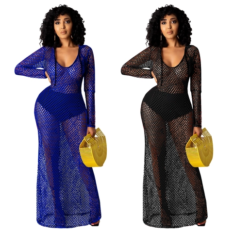 Damen Sexy Netz Maxi Kleid Mit Kapuze Langarm Transparent Fischernetz Nachtclub Strand Überwurf Kleid