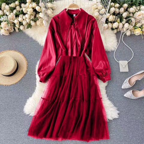 Women PU Leather Mesh Splicing Long Jacket Lapel Collar Long Sleeve Sheer Tulle Hem Sexy Club Party Outwear Slim Fit Coat