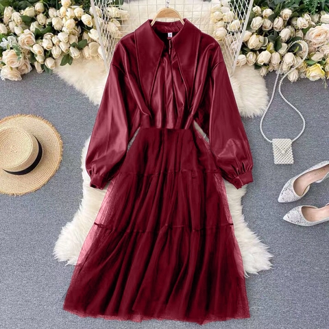 Women PU Leather Patchwork Mesh Jacket Long Sleeve Lapel Zipper Solid Color Streetwear Edgy Fashion Long Coat For Women