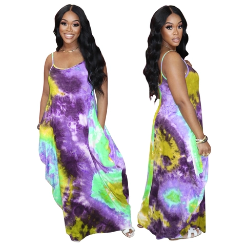 Damen Tie Dye Spaghettiträger Maxikleid Lose Bohemian Ärmellos Lang Sommerurlaub Strandkleid Mit Taschen