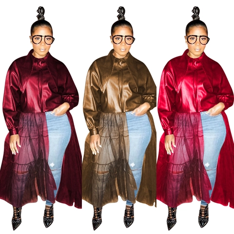 Women PU Leather Patchwork Mesh Jacket Long Sleeve Lapel Zipper Solid Color Streetwear Edgy Fashion Long Coat For Women