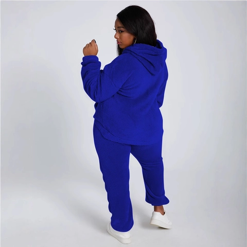 Conjunto de Dos Piezas de Felpa Casual para Mujer Sudadera Con Capucha Y Pantalones Deportivos Color Sólido Otoño Invierno