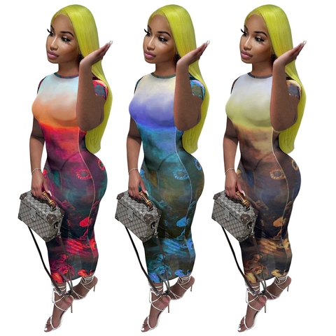 Robe Longue Maxi en Maille Imprimé Peinture à l'Huile Renaissance Vintage pour Femmes Manches Courtes Bodycon Party Clubwear