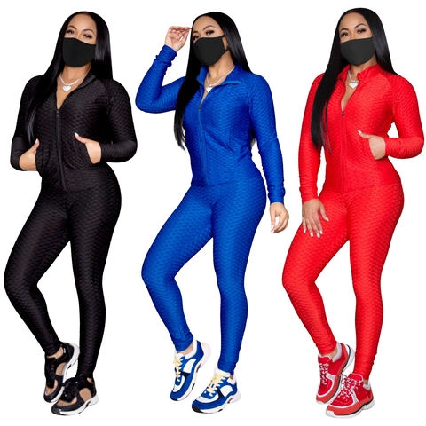 Women Yoga Set 2 Piece Honeycomb Texture Stand Collar Zipper Jacket High Waist Leggings Fitness Sportswear For Lady