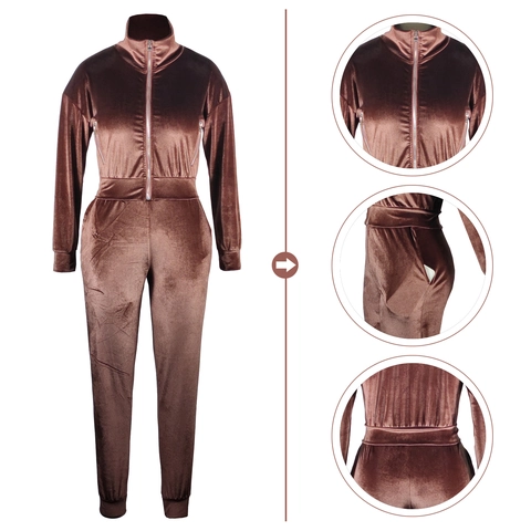 Women Velour Tracksuit Set Zipper Stand Collar Long Sleeve Jacket And Long Pants 2 Piece Solid Color Casual Sporty Suit