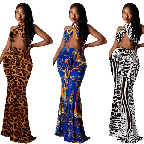 Vrouwen Sexy Tweedelige Rok Set Halter Nek Kruis Crop Top En Hoge Taille Zeemeermin Maxi Rok Luipaard Barok Print