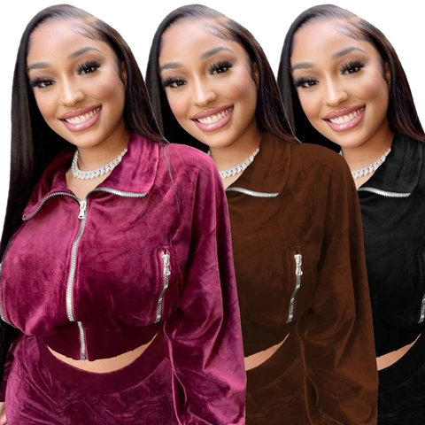 Women Velour Tracksuit Set Zipper Stand Collar Long Sleeve Jacket And Long Pants 2 Piece Solid Color Casual Sporty Suit