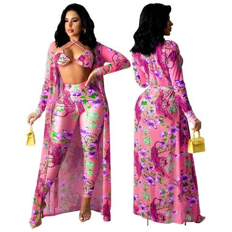 Dames Tijger Bloemenprint Halter Bikini Top Hoge Taille Lange Broek En Mesh Cardigan Cover Up Exotische Satin Outfit