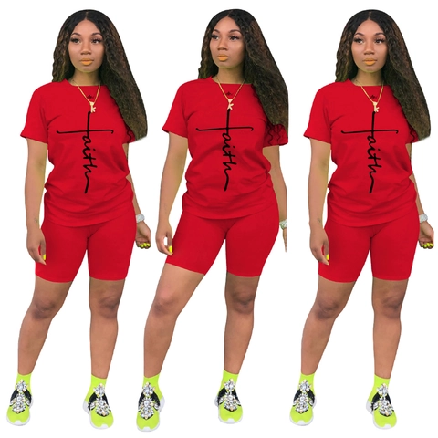 Dames Casual Sportkleding Outfit Faith Letterprint Korte Mouw Ronde Hals T-Shirt En Slanke Pasvorm Wielershort Trainingspak