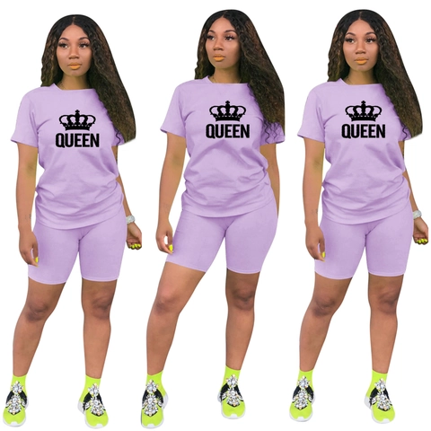 Dames Queen Kroon Letter Print T-Shirt En Wielrenbroek Set Ronde Hals Korte Mouw Top Hoge Taille Shorts Sportieve Zomeroutfit