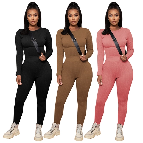 Damen Zopfmuster Zweiteiler Hosen Set Rundhals Langarm Schmale Passform Top Hohe Taille Hose Outfits Für Herbst Winter Casual