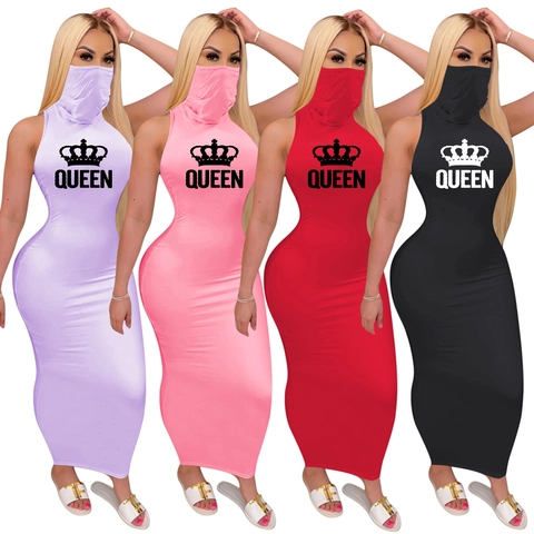 Women Sexy Sleeveless Bodycon Maxi Dress Integrated Face Mask Crown Queen Print High Stretch Polyester Clubwear Long Dress