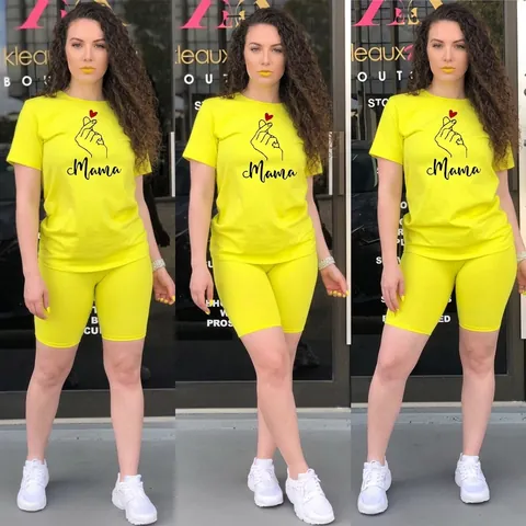 Femme Mama Finger Heart Imprimé T-Shirt À Manches Courtes Et Short De Cyclisme Été Sportif Décontracté Lounge Top Et Pantalon