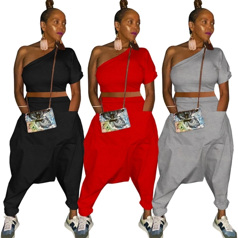 Women Sexy One Shoulder Short Sleeve Crop Top And Large Pocket Harem Pants Two Piece Set Solid Color Casual Outfits