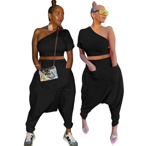 Women Sexy One Shoulder Short Sleeve Crop Top And Large Pocket Harem Pants Two Piece Set Solid Color Casual Outfits