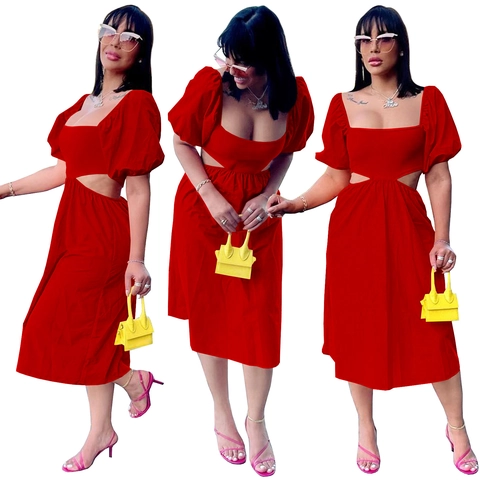 Women's Elegant Square Neck Puff Sleeve Cut-out Midi Dress Solid Color Sexy Party Dress For Women Casual Fashion Dress