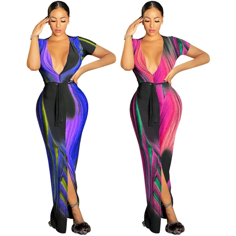 Abito Lungo Donna Sexy Stampa Astratta Vortice Scollo a V Manica Corta Elegante Spacco Alto Slim Fit Pendolare Con Cintura