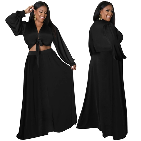 Women Plus Size Sexy V Neck Lace Up Crop Top And High Waist Maxi Skirt Solid Color Long Sleeve Party Outfit Elegant Clubwear