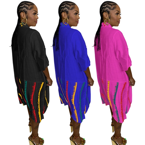 Women Casual Oversized Shirt Dress Lapel Button Down Maxi Dress With Pockets Artistic Vertical Striped Print Bohemian Vacation